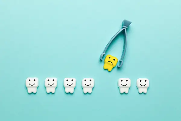 A playful illustration of a sad unhealthy tooth being extracted by a dental tool, surrounded by smiling white teeth.